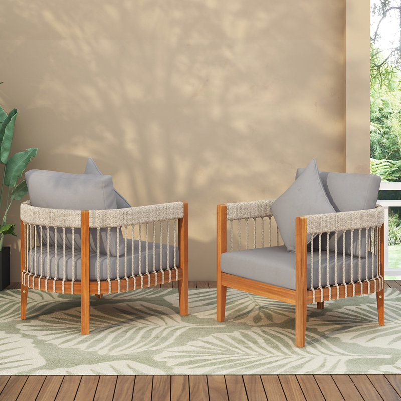 [Set of 2] Acacia Wood Outdoor Club Chair, Natural/Beige, Gray