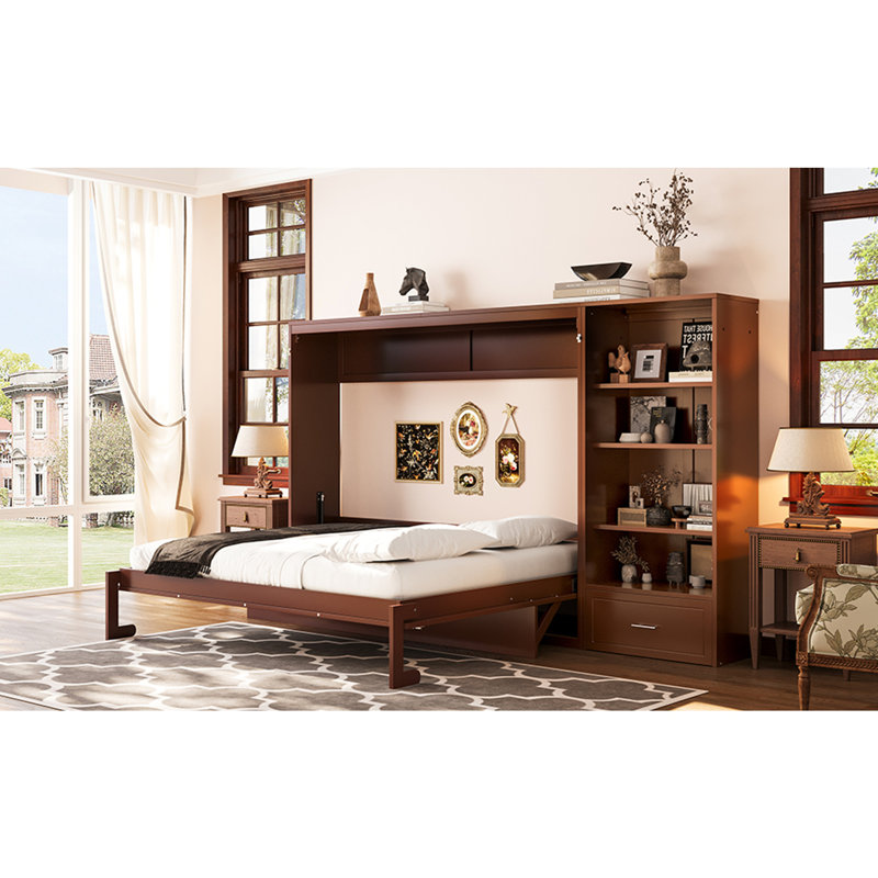 Lit escamotable avec compartiments de rangement et tablette réglables en hauteur, cadre de lit mural avec 1 tiroir, lit plateforme multifonctionnel et pliable