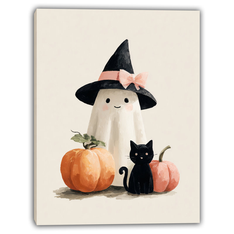 Mignon fantôme avec citrouille et chat, art mural d'Halloween sur toile, H 24 po x l 16 po