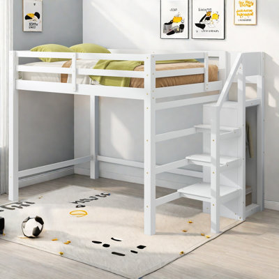 Full Size Loft Bed With Built-in Wardrobe & Storage Staircase – Solid Pine Frame, Hanging Rod, Space-saving Design