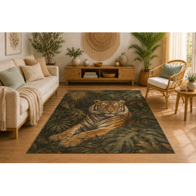 Tapis d'intérieur « ultra-léger » 152 x 213 cm (5' x 7') motif tigre au repos, doux et à poils courts, avec envers antidérapant en silicone, idéal pour le salon, la chambre, la salle à manger, le bureau ou une décoration sur le thème de la faune sauvage.