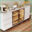 Table basse moderne blanche avec rangement pour le salon / salle à manger, panneau de particules facile à nettoyer, 3 tiroirs et amp; 2 armoires