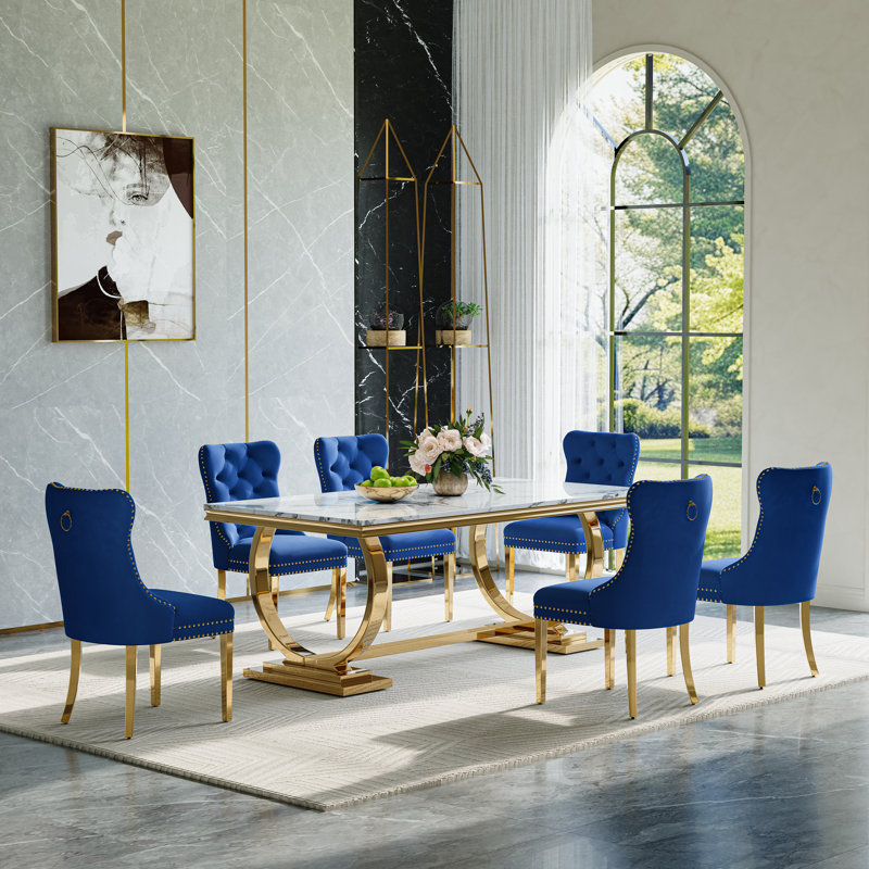 Modern Dining Set – 70" Table With Stainless Steel Base & Velvet Chairs, White/Gold, 7 Pieces: Table, 6 Chairs, Blue/Gold