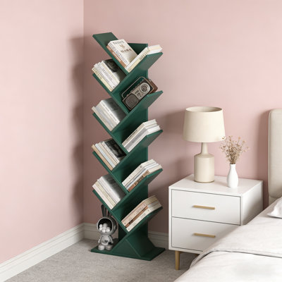 10-Tier Tree-Shaped Bookcase, Freestanding Wooden Bookshelf For Compact Spaces, Storage Organizer Shelving For Books/Cds/Magazines, Floor-Standing Book Rack