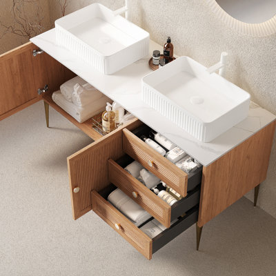 Meuble-lavabo de salle de bain avec lavabos, armoire de rangement autoportante, plusieurs tiroirs et portes, lavabos en céramique, pré-assemblé pour une installation facile