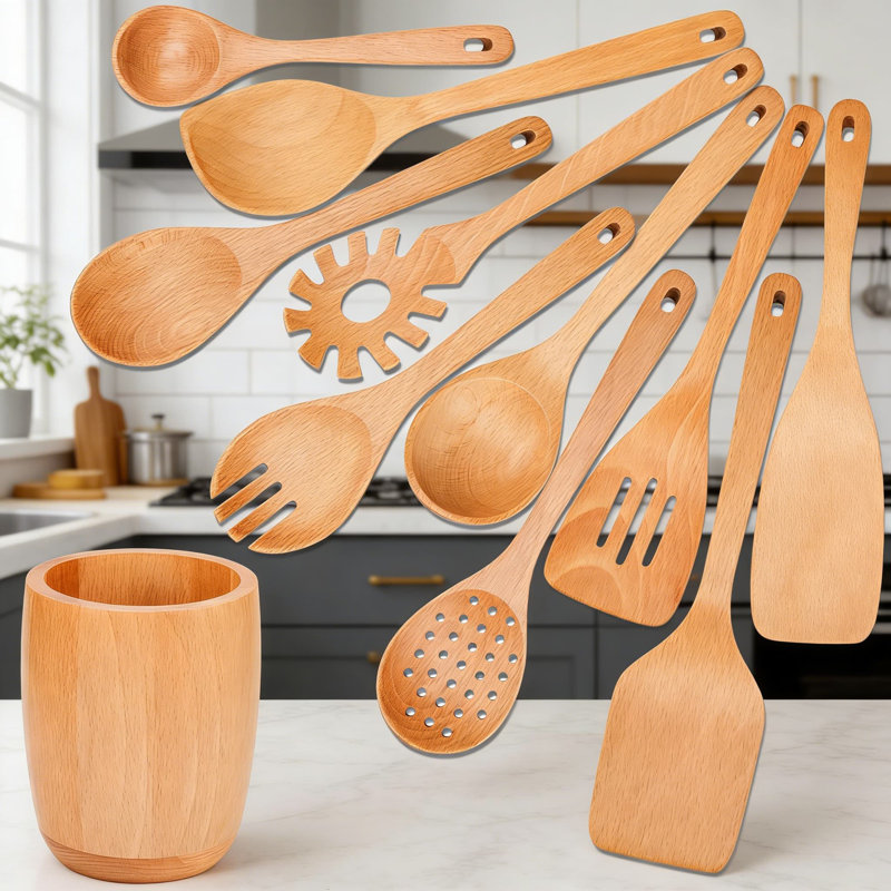 Ensemble d'ustensiles de cuisine en bois fabriqué à la main 11 pièces - Cuillères en bois de hêtre naturel, spatules et cuillères rainurées pour la cuisson, la cuisson et la sauté - Ustensiles écologiques durables avec rangement suspendu