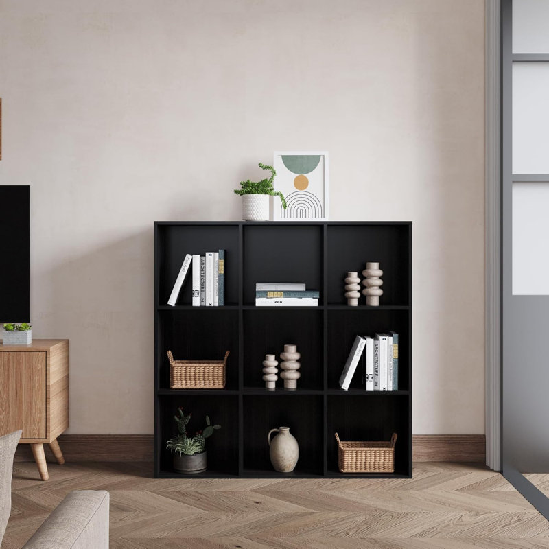 Ebern Designs Bookcase, 9 Cube Open Storage Organizer Display Bookshelf, 35.1"H x 35.1" W x 11.8"D, Obsidian Wood