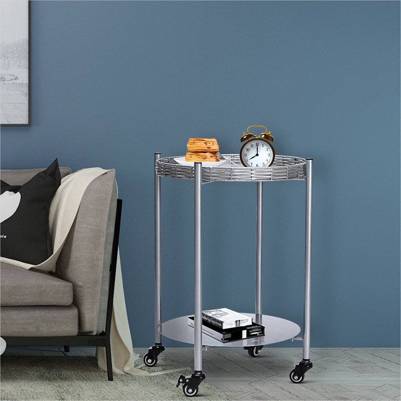 Table basse ronde à 2 niveaux avec roues verrouillables, acier gris ardoise, table d'appoint mobile compacte pour le salon ou la chambre à coucher