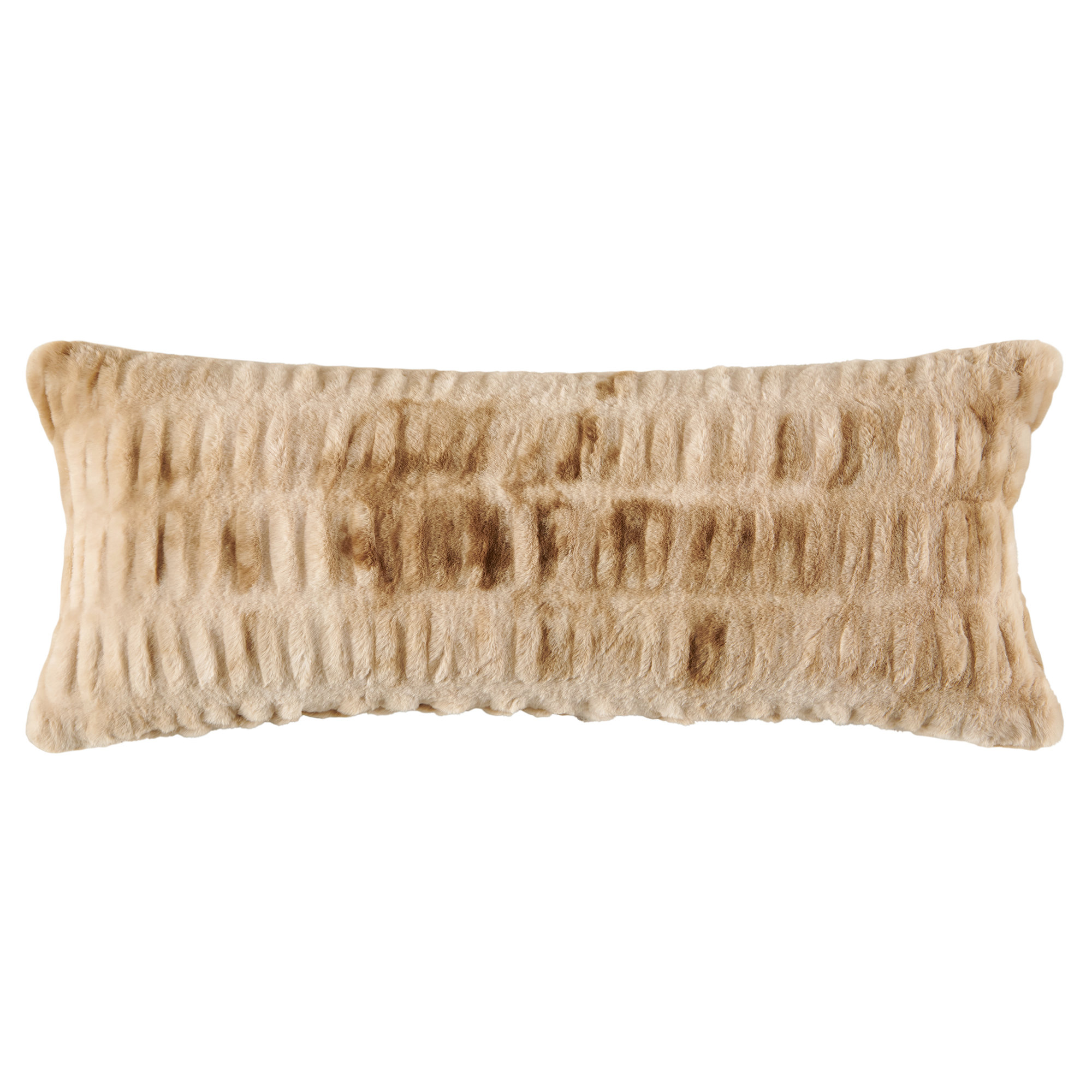 Ruched Rabbit Plush Solid Color Classic Modern Chic Lumbar Pillow with Down Insert 14x36 inch, Variegated Cream