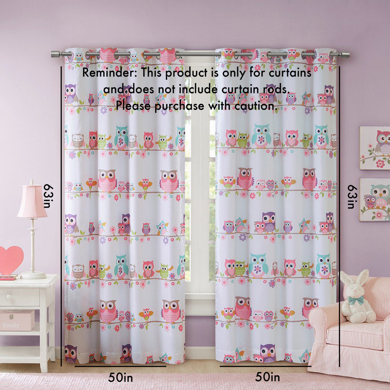 Rideau occultant à motif chouette pour enfants, doublé en mousse, dessus à œillets 50 x 63 po