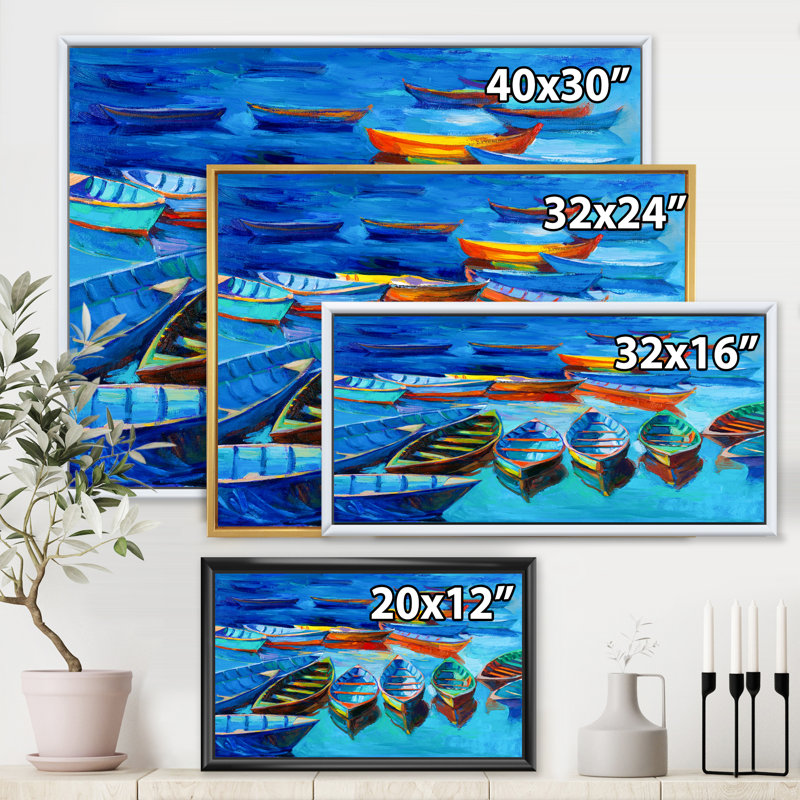 Petits bateaux dans le port - peinture sur toile, H 30 po x l 40 po x 1,5 po, Cadre flottant blanc