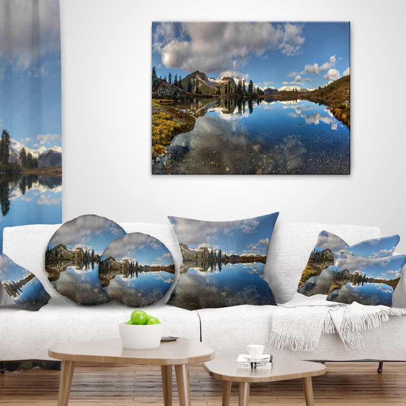 «Clear Lake with Pine Trees Panorama - Coussin imprimé paysage», 16 po x 16 po, Coussin décoratif