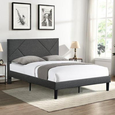 Structure de lit double pleine grandeur, tissu gris, tête de lit, support en bois, sans sommier, lit à assemblage simple, lattes, assemblage facile, support de matelas
