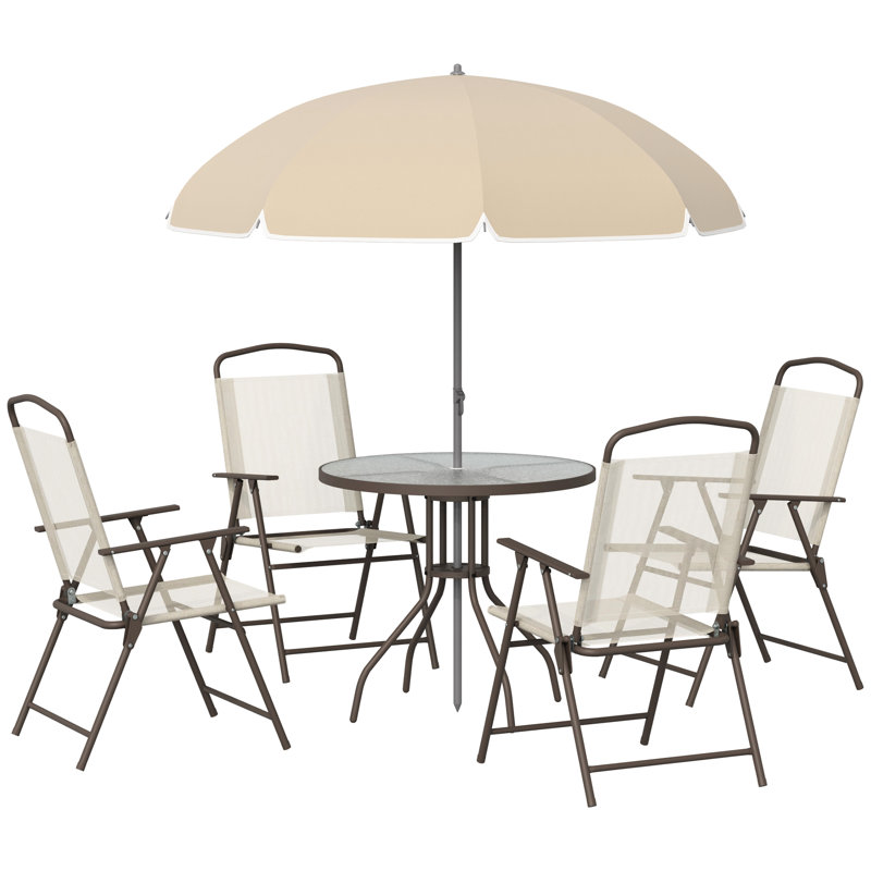Ensemble de repas d'extérieur beige pour 4 personnes - Parasol, table ronde en verre, chaises pliantes. Parfait pour une terrasse, un jardin ou une cour avec parasol. Détente assurée.