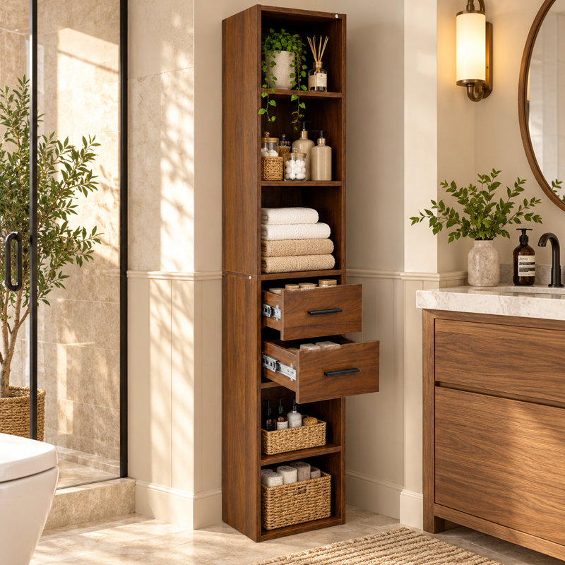 Armoire de rangement étroite et haute avec 1 porte vitrée et 3 tiroirs, armoire de plancher