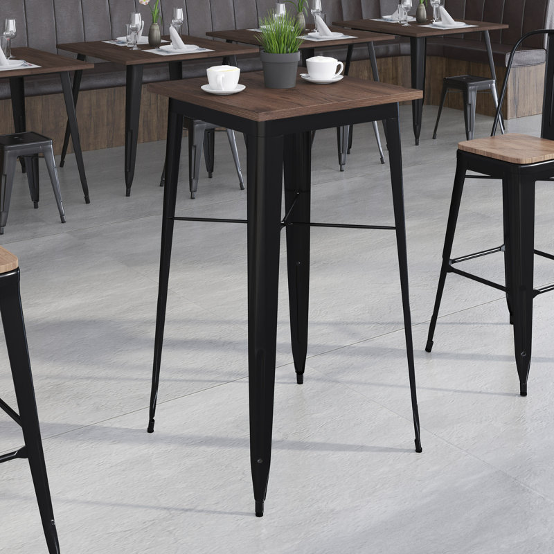 Table de bar carrée en métal avec plateau en bois rustique de 23,5 po Wragby, H 42 po x L 24 po x l 24 po, Noir
