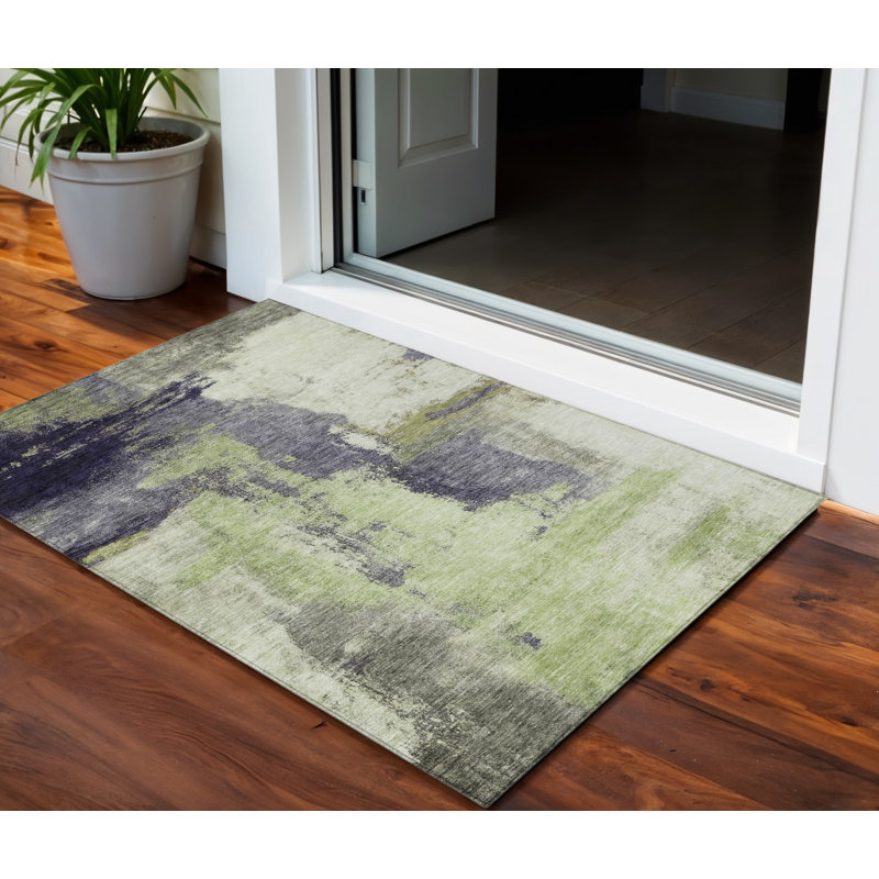 3' X 5' Fern Green Gray And Black Abstract Washable Indoor Outdoor Area Rug