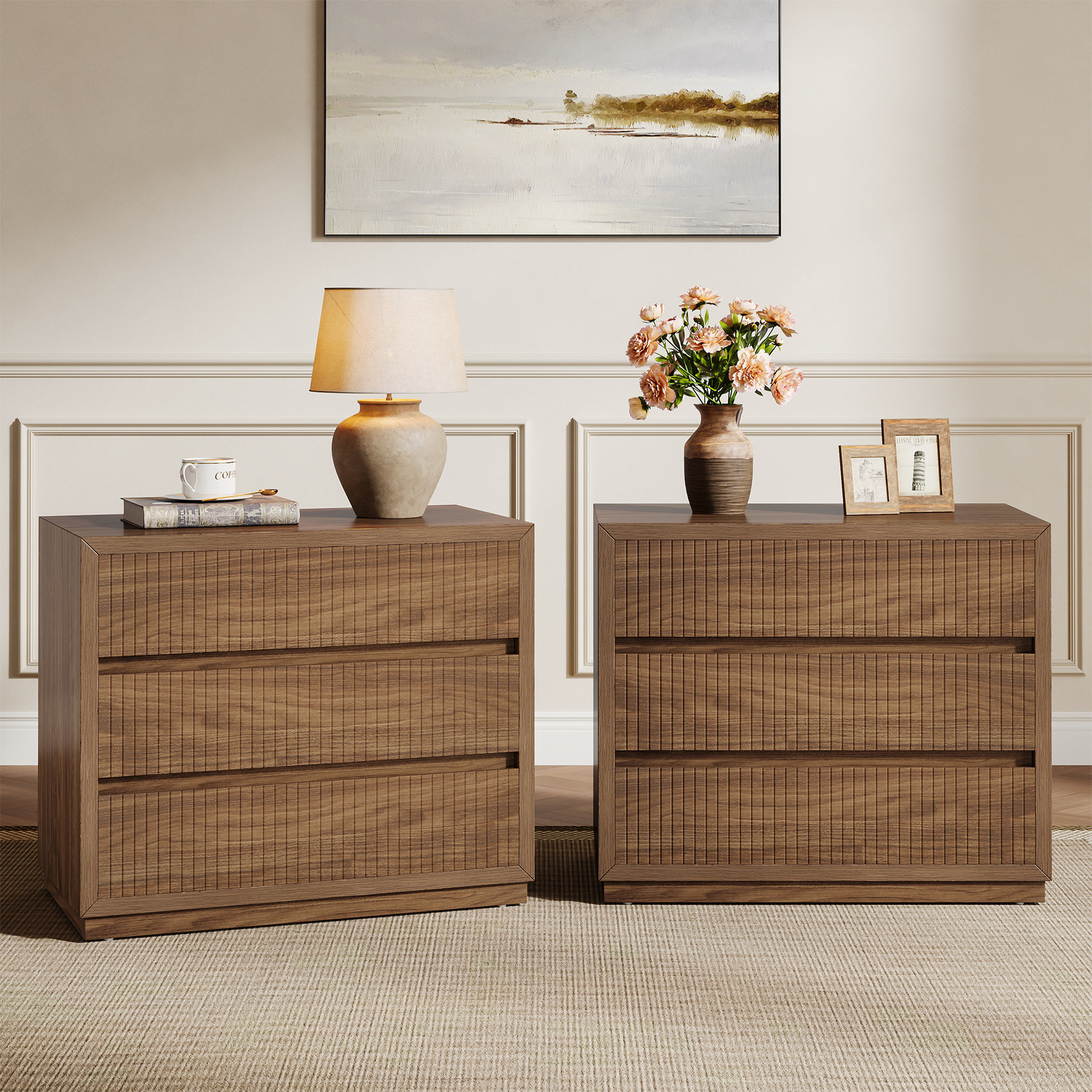Latitude Run® Set Of 2 Fluted Nightstand With 3 Drawers, Oversized Mid-Century Modern Night Stands Wood Beside Table For Bedroom, Living Room | Wayfair