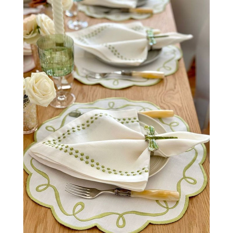 Ribbon Twirl Cotton Blend Scalloped Placemats, Willow