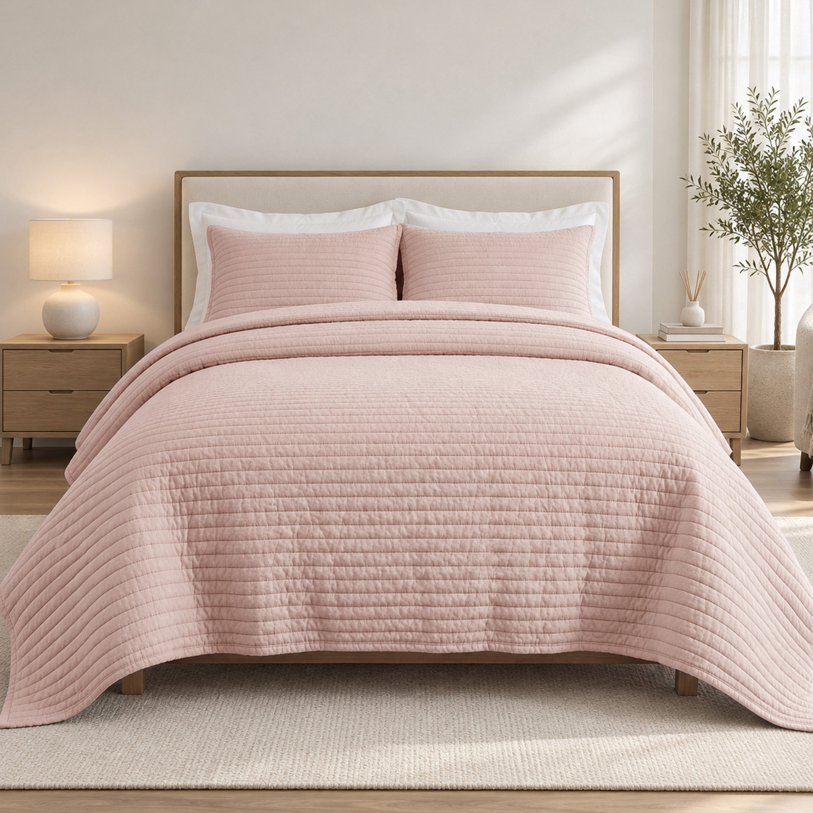 Clara 100% French Linen Channel Quilt Set with Shams, Queen Quilt + 2 Standard Shams, Misty Rose