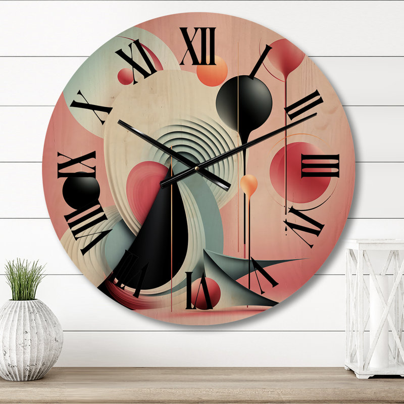 «Happy Flowers of Rhythmin» rose et bleu - Horloge murale géométrique moderne surdimensionnée en bois, Moyenne