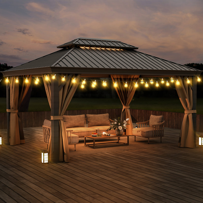 Hardtop Double-Roofed Aluminum Patio Gazebo Multiple Sizes, 16 ft x 12 ft, Brown