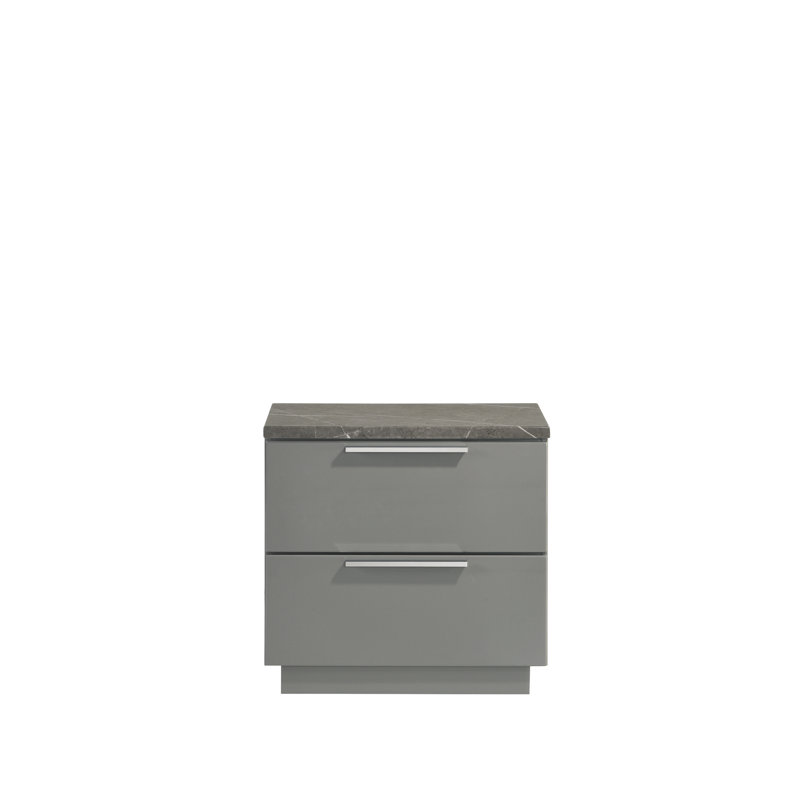Elara Nightstand – Two-Tone High-Gloss Marble & Lacquer Finish With Red Velvet-Lined Drawers And Metal-Finished Legs- Gray Same As G150108692  (NJ Inventory)