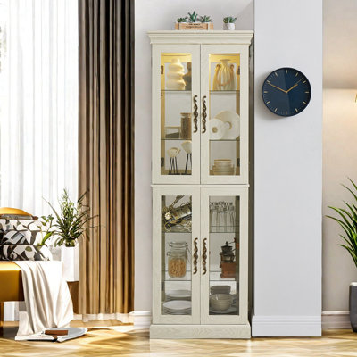 Illuminated Glass Display Cabinet With Wood Frame, Adjustable Shelves, And LED Lighting For Living Room Or Kitchen – Elegant Curio Cabinet For Collectibles And Décor