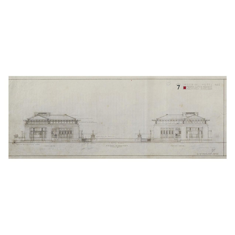 «Imperial Hotel Front Elevation» par Frank Lloyd Wright - Estampe numérique, H 22 po x l 28 po