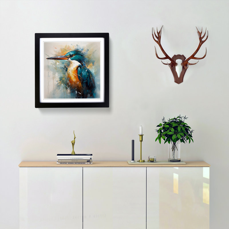 Kingfisher Abstract Expressionism No.4 - Single Picture Frame Print on Wood, Black