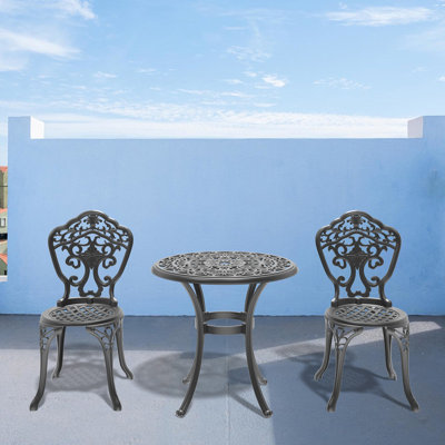 Rasime   2-Person 26.77-Inch Cast Aluminum Bistro Set ，Compact Size Chair (Seat Width:15.35")，Perfect for Cozy Outdoor Dining
