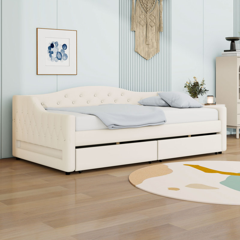 Twin XL 2 Drawers Upholstered Daybed with LED Belt, Beige
