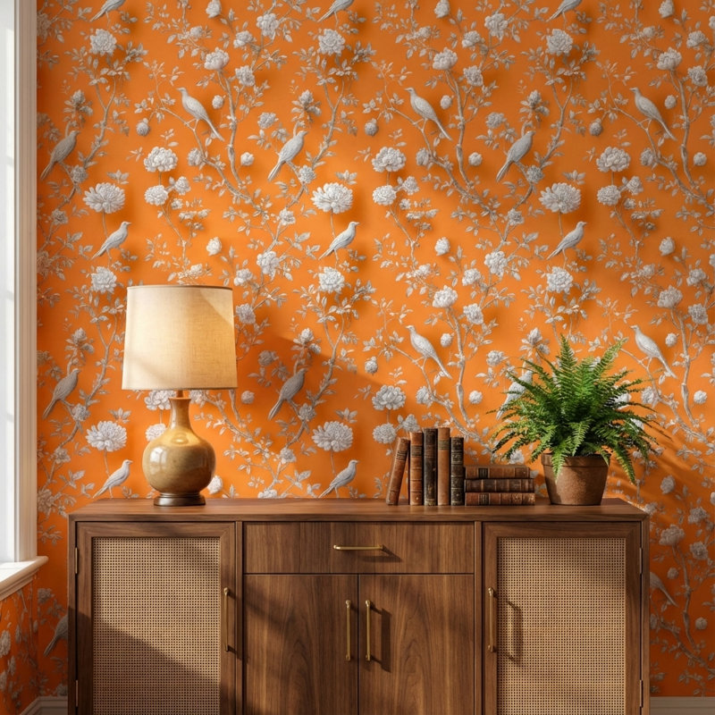 Papier peint floral, décoration murale amovible oiseaux orange