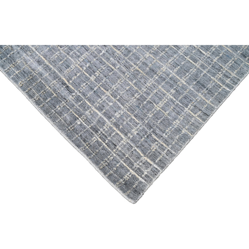 Hand Knotted Geometric Area Rug in Blue/White, Rectangle 10' x 14'