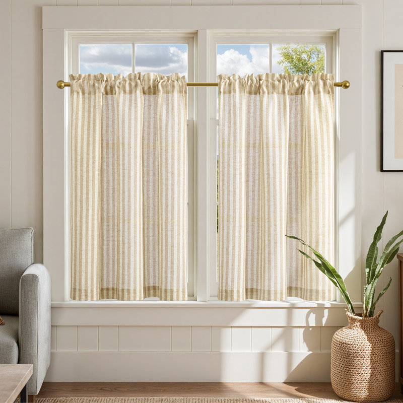 Linen Striped Kitchen Curtains Rod Pocket Tier Curtains, 26" W x 36" L, Beige