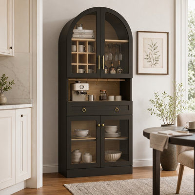 Armoire de bar 70 po de hauteur avec portes en verre trempé, 9 porte-bouteilles, grand tiroir, tablette réglable, porte-verres et armoire à café