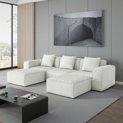 118-Inch Modular Sofa Can Be Converted Into An Oversized Sofa Bed Free Conversion Sofa Set Flexible Configuration, Soft Corduroy Cloud Velvet Fabric Three-Person Combination With Two Footrest  White