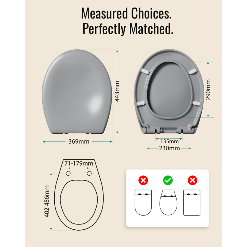  O Shape Toilet Seat White Duroplast Soft Close Quick Release Anti-Bacterial 44,3×36,9 cm, Grey
