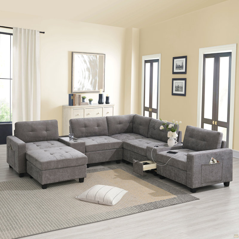 Canapé modulaire de 104 po avec repose-pieds mobile, canapé capitonné en L avec consoles de rangement, chargeur USB, Gris