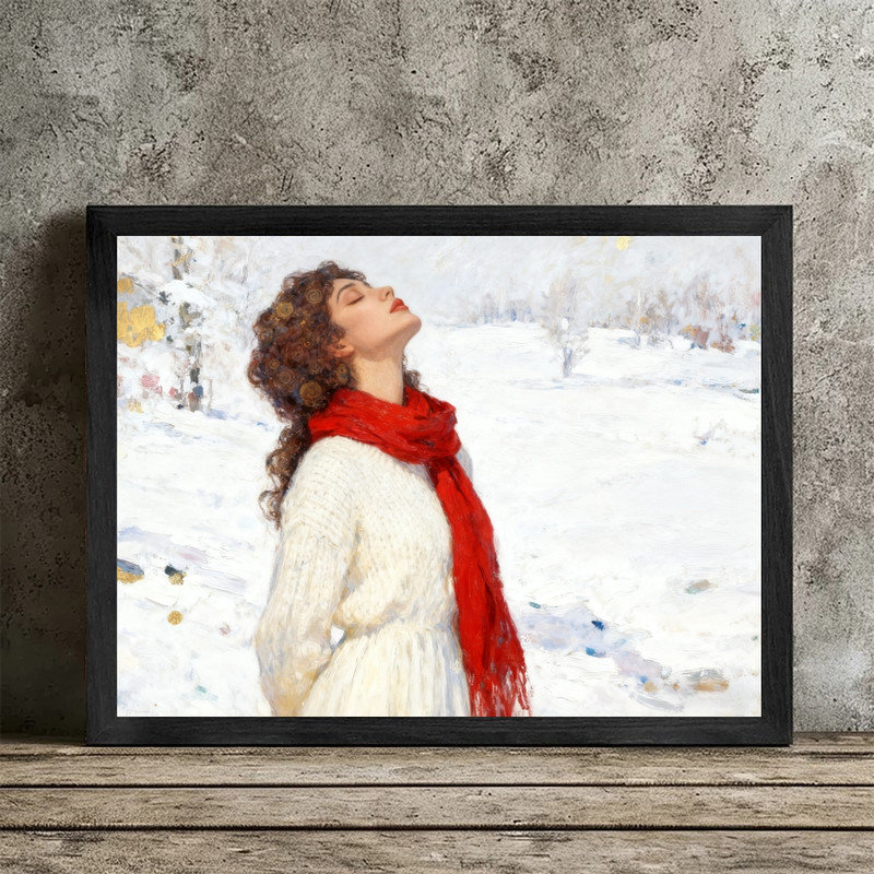 Art encadré noir, femme bohémienne, impression de paysage enneigé impressionniste, H 25 po x l 37 po