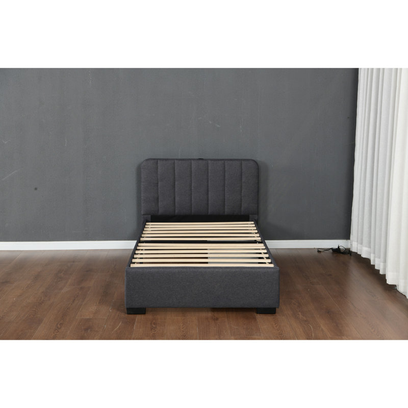 Lit moderne, cadre de lit plateforme avec 2 tiroirs de rangement et tête de lit avec port USB, style simple en tissu de lin, support de lattes en bois, aucun sommier requis