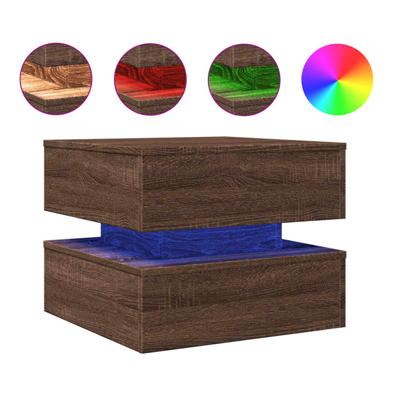 Coffee Table With LED Lights 19.7"X19.7"X15.7", Brown Oak