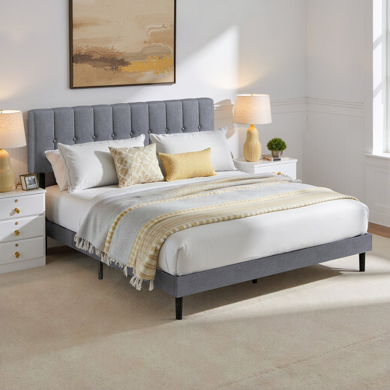 Platform Bed with Upholstered Adjustable Headboard, No Box Spring Needed, Queen, Light Gray