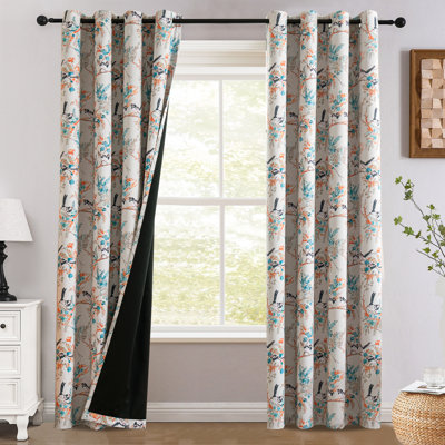 100% Blackout Curtains 2 Panels Set Hummingbird Floral Printed Drapes for Bedroom with 