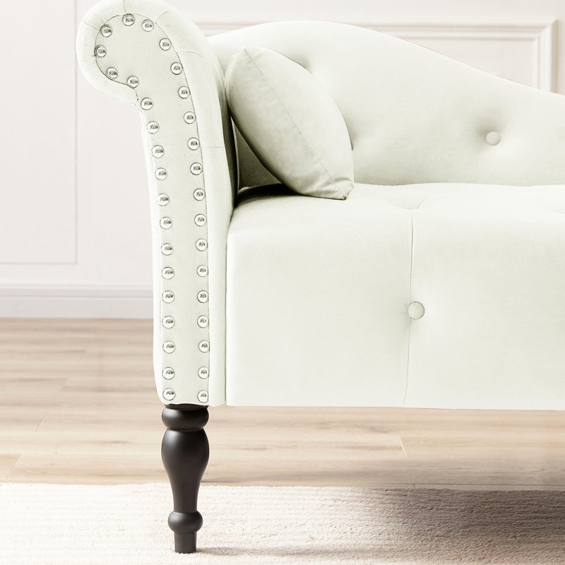 Comfortable White Velvet Chaise With Graceful Pillow, Nailhead Trim, Solid Wood Legs & Buttons - Exudes Serenity Decorative Buttons, Pillow Adds Elegance To Any Space