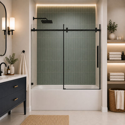 56"-60" W x 58" H Frameless Sliding Bathtub Door, 1/4" (6mm) Tempered Clear Glass