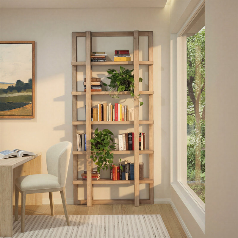 Jaquaylon 94" H x 44" W Solid Wood Etagere Bookcase, Light Brown