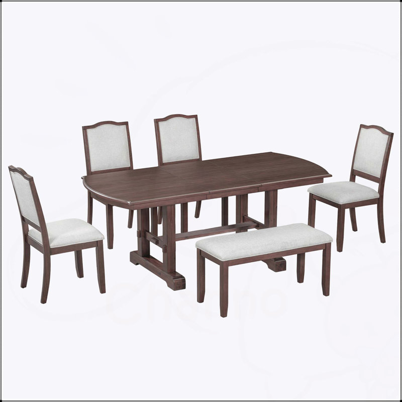 Ensemble de salle à manger extensible 6 pièces avec rallonge amovible, chaises rembourrées et banc pour une assise confortable, idéal pour les réunions de famille et les réceptions.