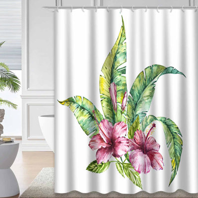 Rideau de douche aquarelle rose avec fleurs d'hibiscus et fleurs tropicales