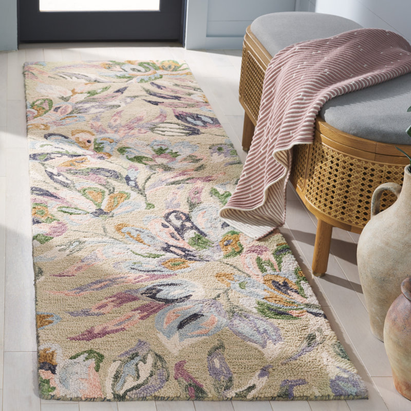Tapis en laine / coton touffeté à la main Lyia - bleu / vert / beige, Tapis de couloir 2 pi 3 po x 7 po